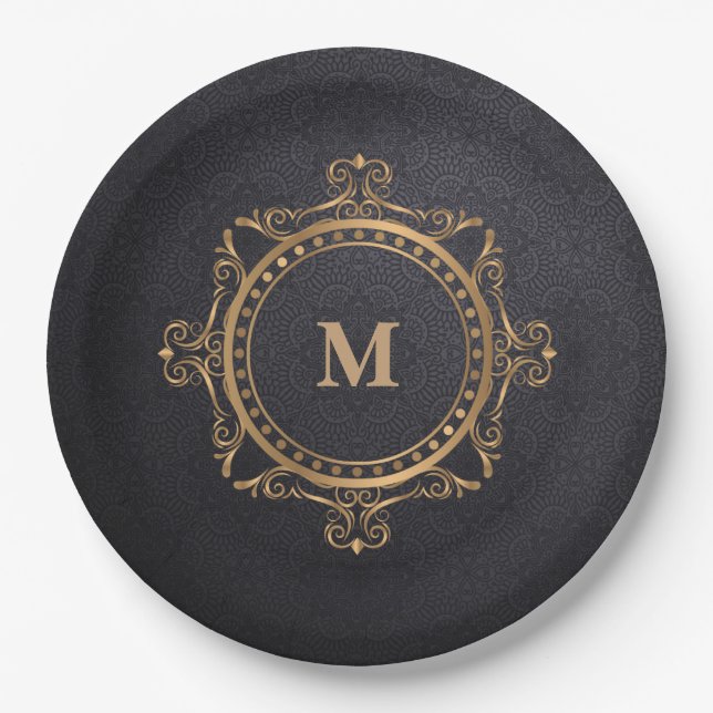 Prato De Papel Monograma negro de mandala ornamental luxuosa (Frente)