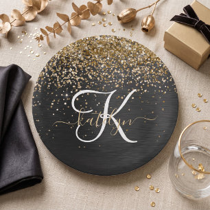 Prato De Papel Monograma Personalizado com Brilho Dourado Preto
