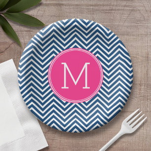 Prato De Papel Monograma Personalizado de Chevrons Azul e Magenta