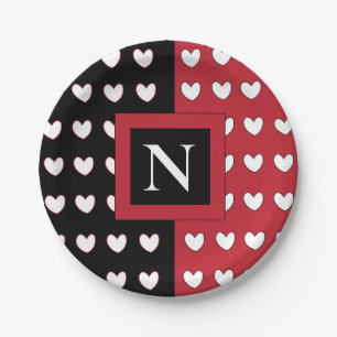 Prato De Papel Monograma Personalizado Preto Vermelho Branco Cora