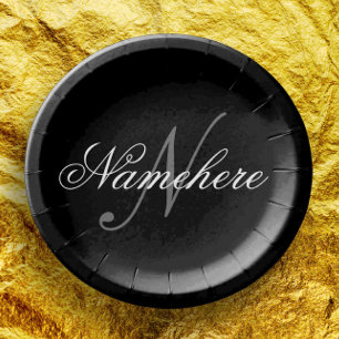 Prato De Papel Monograma Personalizado Único de Nomes Preto e Bra