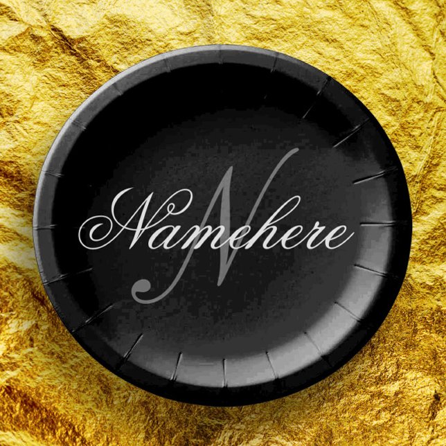 Prato De Papel Monograma Personalizado Único de Nomes Preto e Bra (Criador carregado)