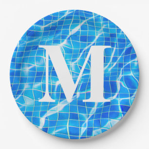 Prato De Papel Monograma Piscina Azul de Natação Monograma Aqu