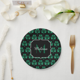 Prato De Papel Monograma preto de Shamrock Verde Sparkle Emerald