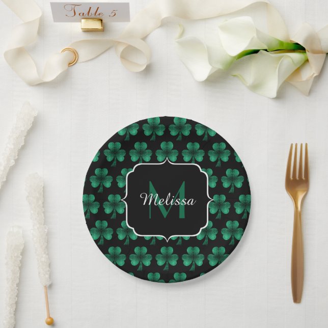 Prato De Papel Monograma preto de Shamrock Verde Sparkle Emerald (Casamento)