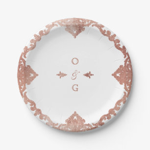 Prato De Papel monograma rosa dourado do casamento vintage orname