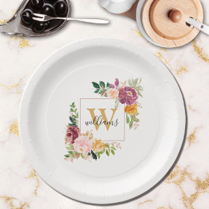 Prato De Papel Monograma Rosa Floral Botânica Elegante em Aquarel
