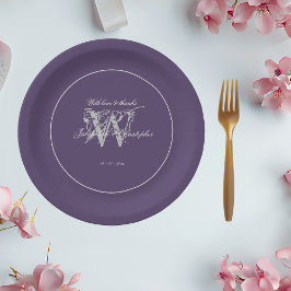 Prato De Papel Monograma Simples E Elegante De Púrpura Púrpura De