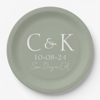Prato De Papel Monogramas Iniciais Sage Green Wedding