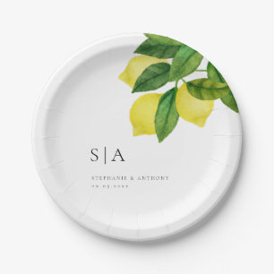 Prato De Papel Monogramas Lemon Citrus Branch Greenery Casamento