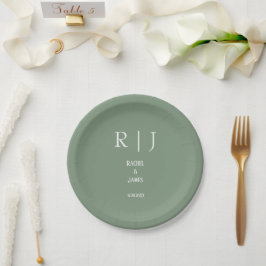 Prato De Papel Monogramas Verde Salvia Elegante Simples Casamento