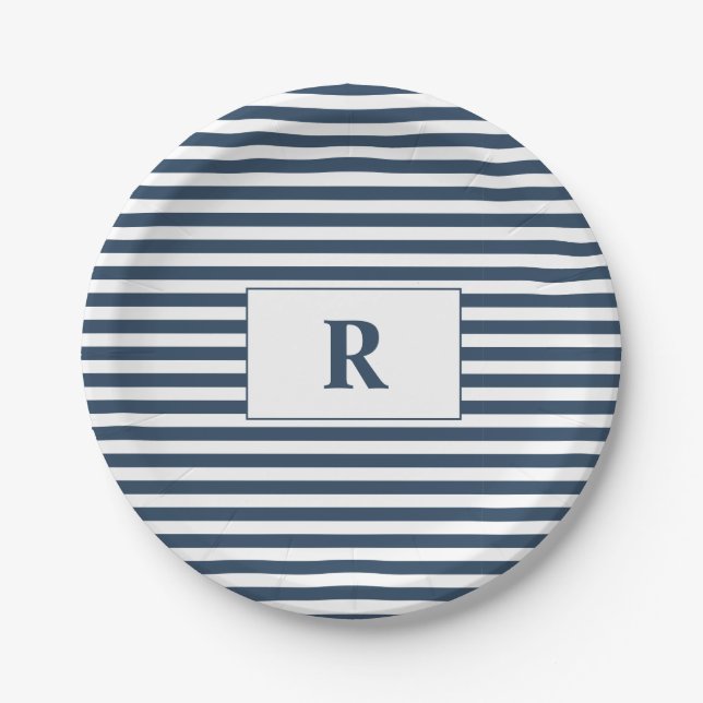 Prato De Papel Monogrammed Blue/White Stripes (Frente)