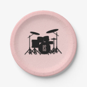 Prato De Papel Monogramo Drum Set Music Design Pink 