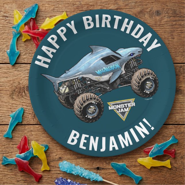 Prato De Papel Monster Jam Megalodon Aniversário (Paper plate on simulated table)