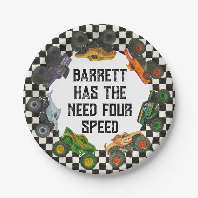 Prato De Papel Monster Truck Jam Party Plates - 4º Aniversário (Frente)