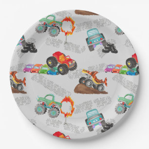Prato De Papel Monster Truck Stunts Watercolor Cinza