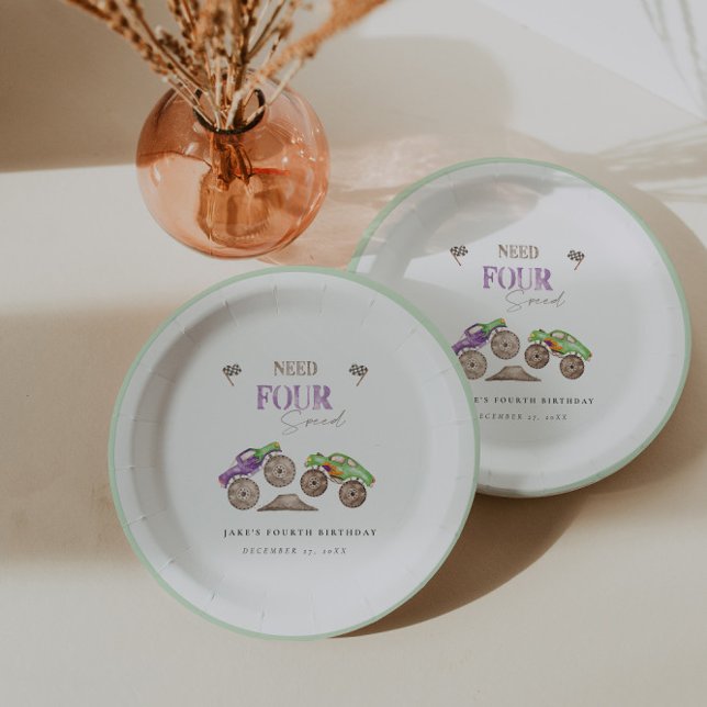 Prato De Papel Monster Trucks de Papel Verde Roxo (Criador carregado)