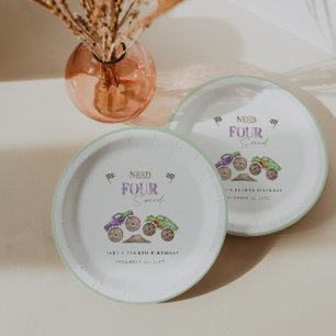 Prato De Papel Monster Trucks de Papel Verde Roxo