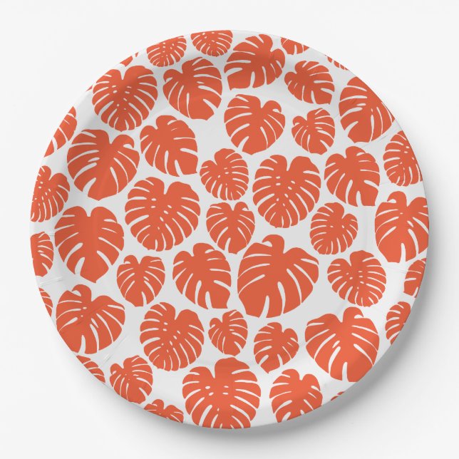 Prato De Papel Monstera - Laranja e Branco (Frente)