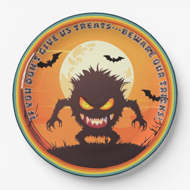 Prato De Papel Monstro Peludo de Halloween Truque ou Tratamento (Frente)