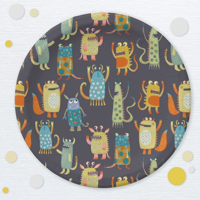Prato De Papel Monstros bonitos (Fun monsters kids birthday or Halloween party paper plate)