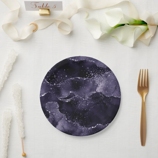 Prato De Papel Moody Agate | Midnight Indigo Profundo Glam (Casamento)