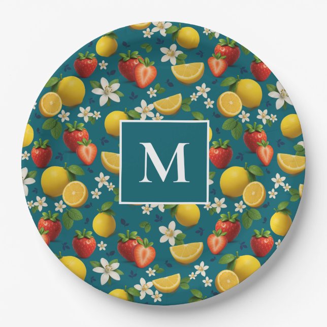 Prato De Papel Morango e Flor de Limão no Azul (Frente)