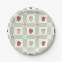 Prato de Papel Morango Gingham Verde Pastel Fofo