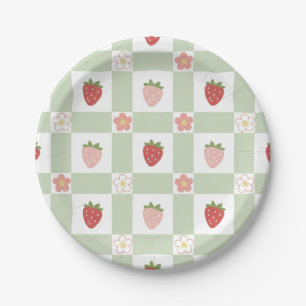 Prato de Papel Morango Gingham Verde Pastel Fofo