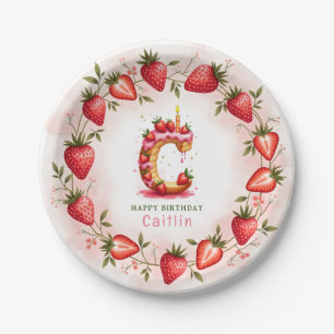 Prato De Papel Morango Letra de Aniversário C Design de Bolo
