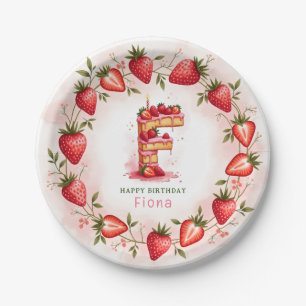 Prato De Papel Morango Letra de Aniversário F Design de Bolo