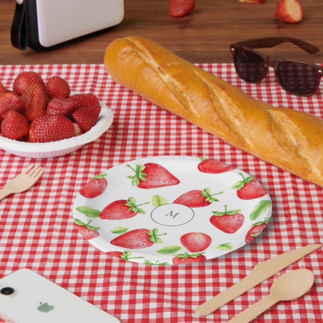 Prato De Papel Morangos com aquarelas monogramas de Verão moderno (Piquenique)