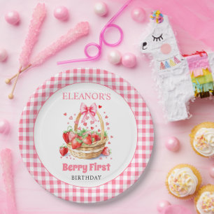 Prato De Papel Morangos e laço rosa Aniversário de um ano Berry