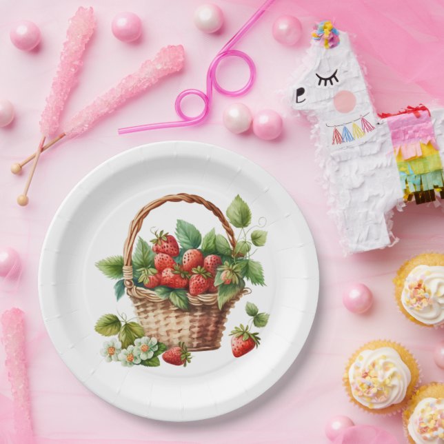 Prato De Papel Morangos frescos em uma cesta de Wicker (Festa)