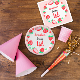 Prato De Papel Morangos Primeiro Aniversário