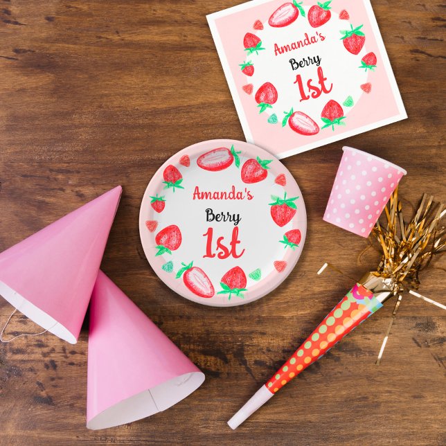 Prato De Papel Morangos Primeiro Aniversário (Criador carregado)