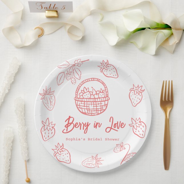 Prato De Papel Morangueiro Apaixonado Morango Desenhado à Mão Chá (Casamento)