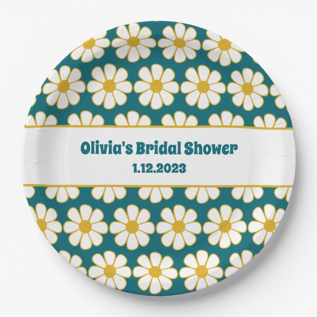 Prato De Papel Mostarda de margarida floral branca e azul lacrimo (Frente)