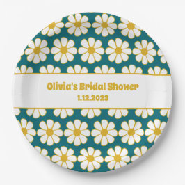 Prato De Papel Mostarda de margarida floral branca e azul lacrimo