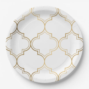 Prato De Papel Motivos de Padrão Geométrico Islâmico Dourado Luxu
