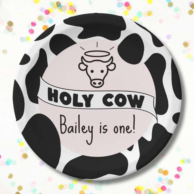 Prato De Papel Moto Festa de aniversário de vaca, Impressão, moin (Holy cow birthday plate with custom name and age cow print pink bday party plate)