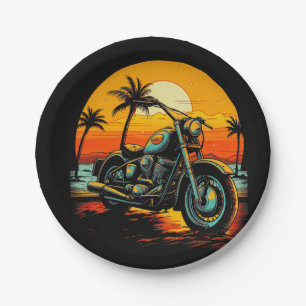Prato De Papel motocicleta estacionada na praia com palmeiras