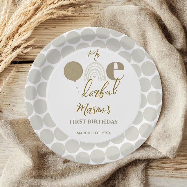 Prato De Papel Mr One derful Neutral Rainbow First Birthday (Criador carregado)