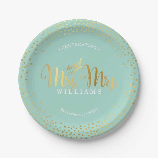 Prato De Papel MRS & MRS NA MODA WEDDING MESA confetti gold Mint (Frente)