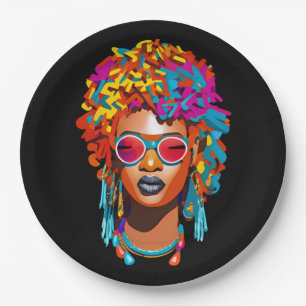 Prato De Papel Mulher afro com óculos de sol, pop cor arte 67