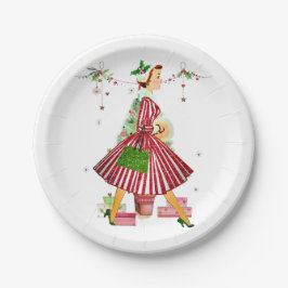 Prato De Papel Mulher de Natal de 1950 com Árvore de Natal