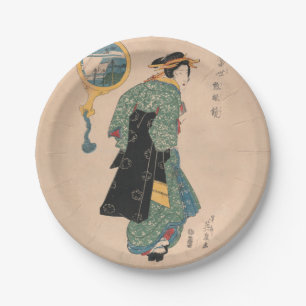 Prato De Papel Mulher de Quimono Japonês Antigo Ukiyo-e Xilogravu