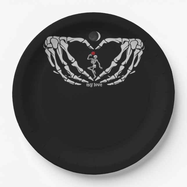 Prato De Papel Mulher Do Esqueleto Com Vermelho No Coração Feita  (Frente)