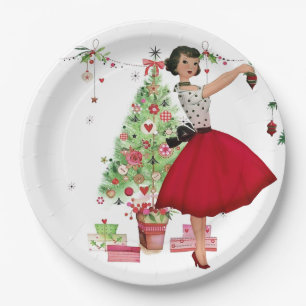 Prato De Papel Mulher do Natal de 1950 com árvore de Natal