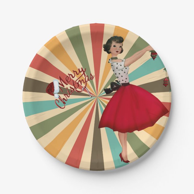 Prato De Papel Mulher do Natal de 1950 com Fundo Retro (Frente)